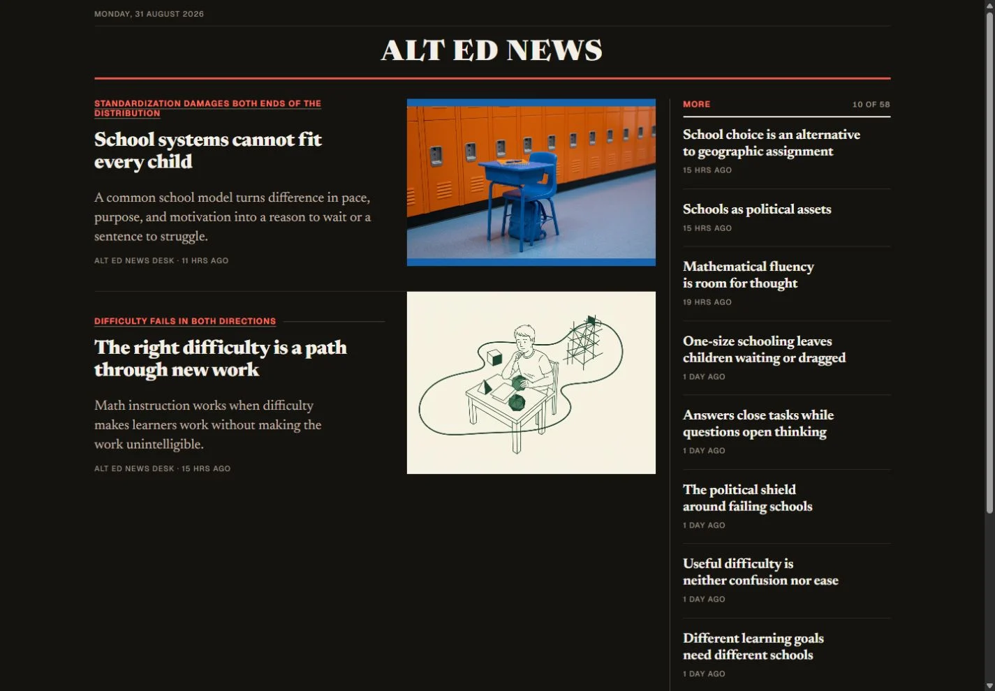 Alt Ed News public front page, with its publication masthead and articles about education and learning.