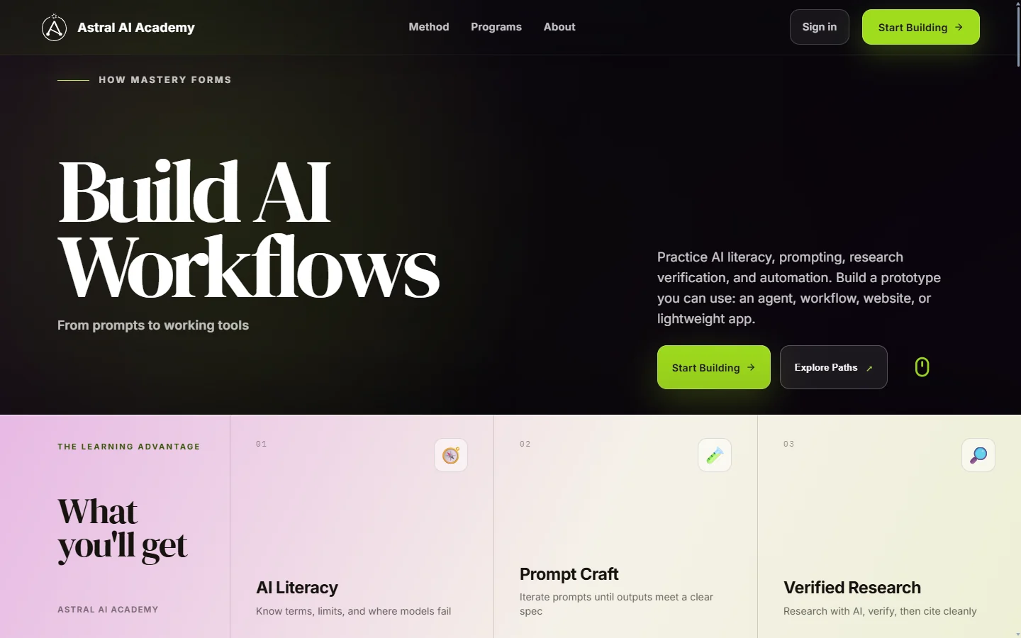 Astral AI Academy's public homepage, introducing practice in building AI workflows and tools.