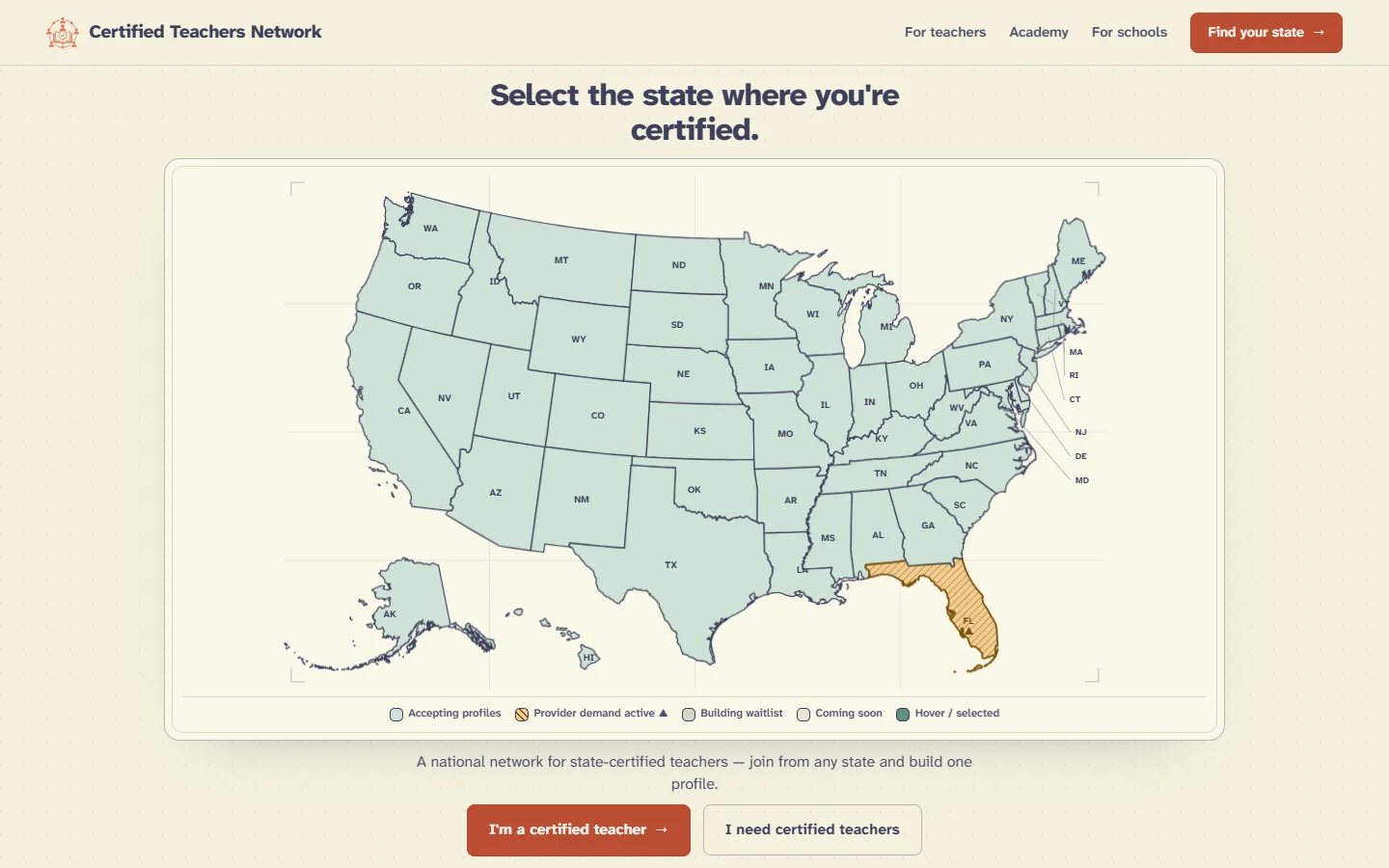 Certified Teachers Network's public state-selection map, with pathways for teachers and schools.