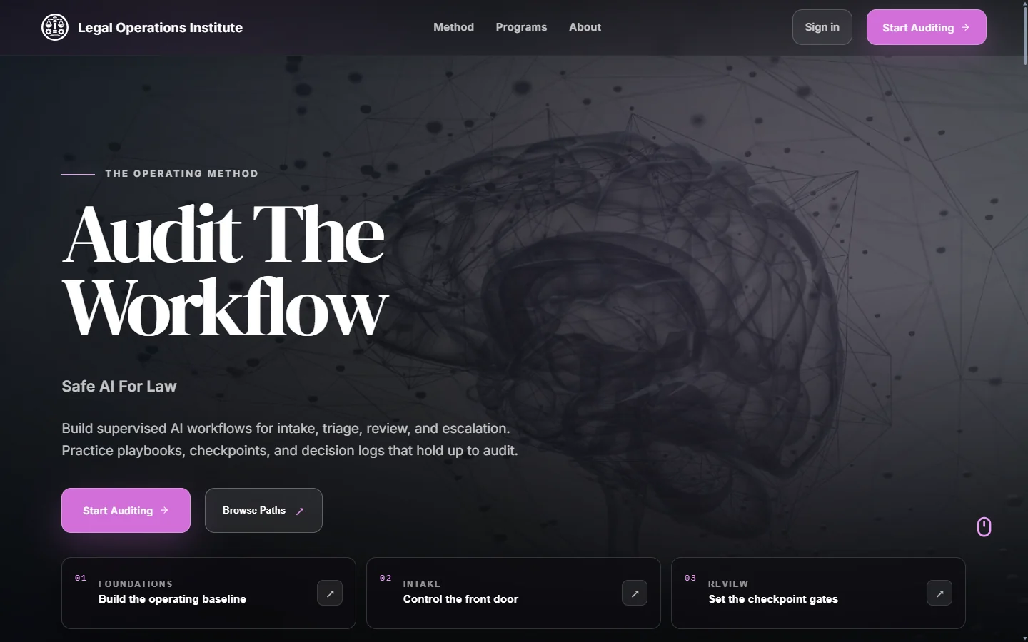 Legal Operations Institute's public homepage, presenting supervised AI workflows for legal intake, triage, review, and escalation.