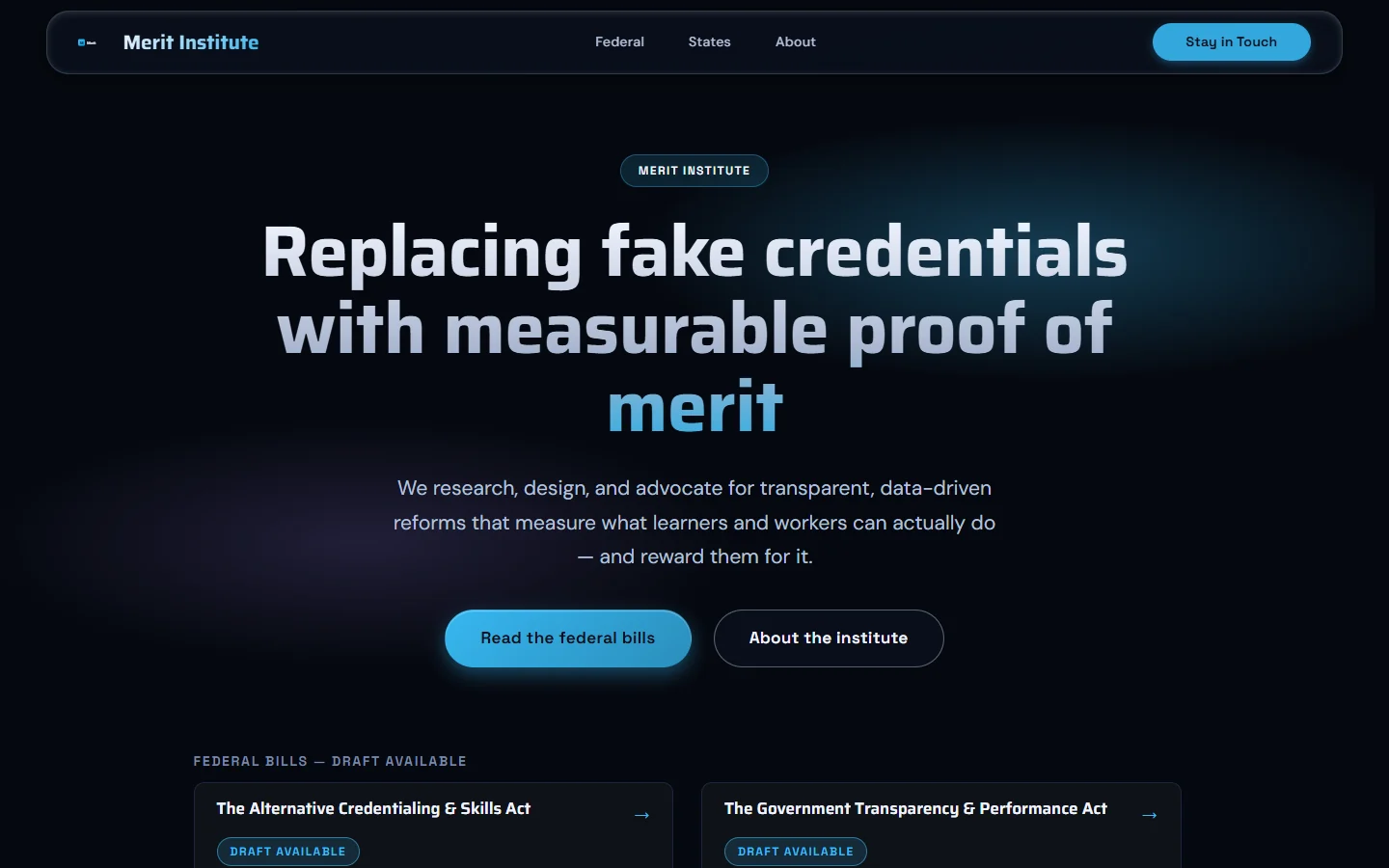 Merit Institute's public homepage, presenting its work on measurable skills and institutional reform.
