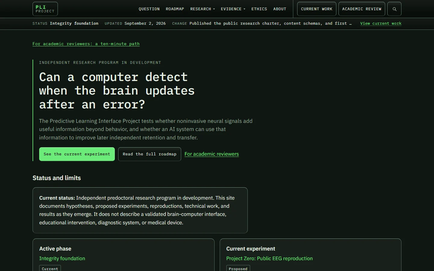 The Predictive Learning Interface Project's public research website, introducing its research question and development status.