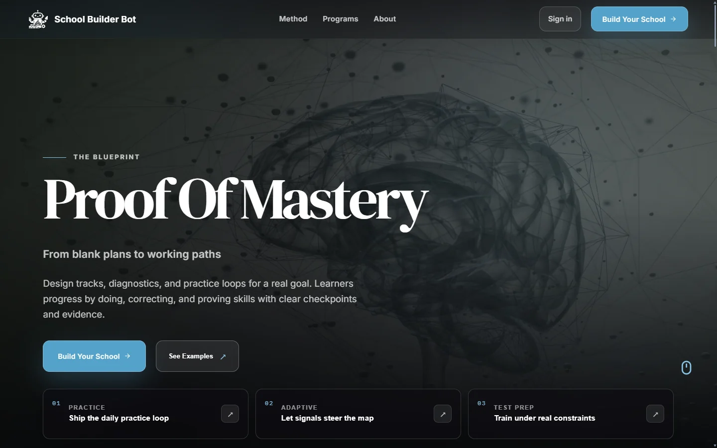 School Builder Bot's public homepage, introducing practice-based school design and learning paths.
