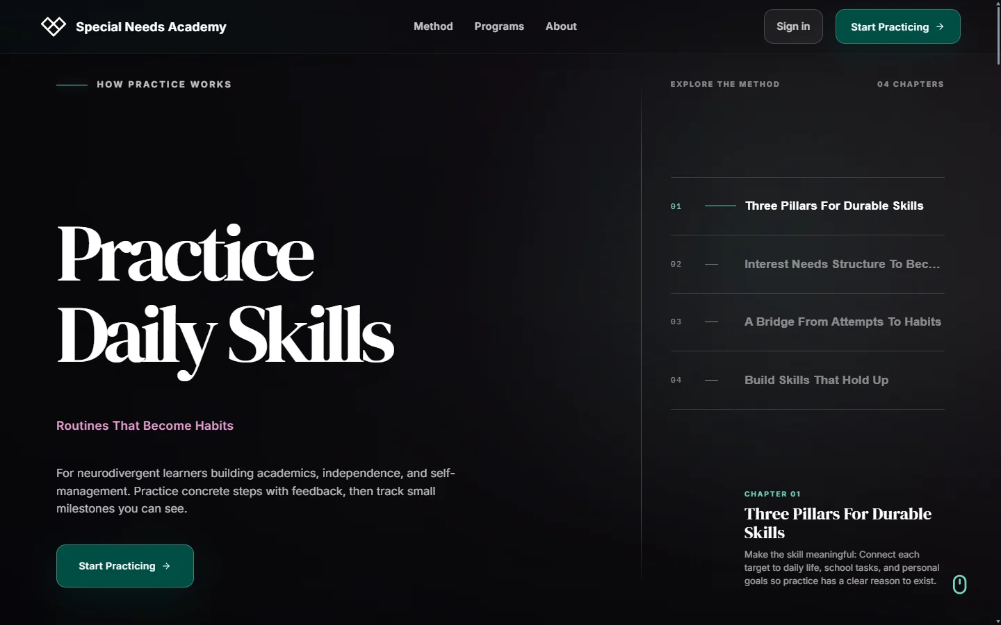 Special Needs Academy's public homepage, an example of the Specialized Academies learning environments, focused on daily skills and routines.