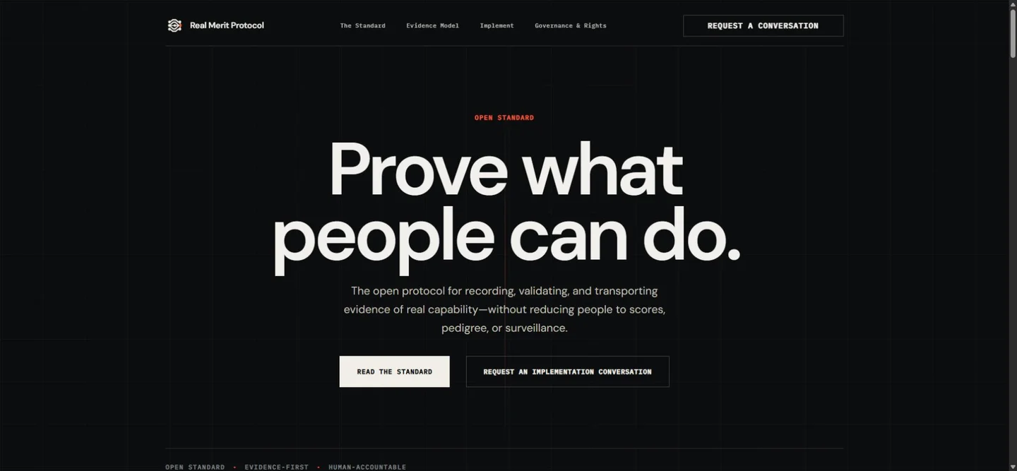 The Real Merit Protocol public website, presenting a published open specification for evidence of capability.