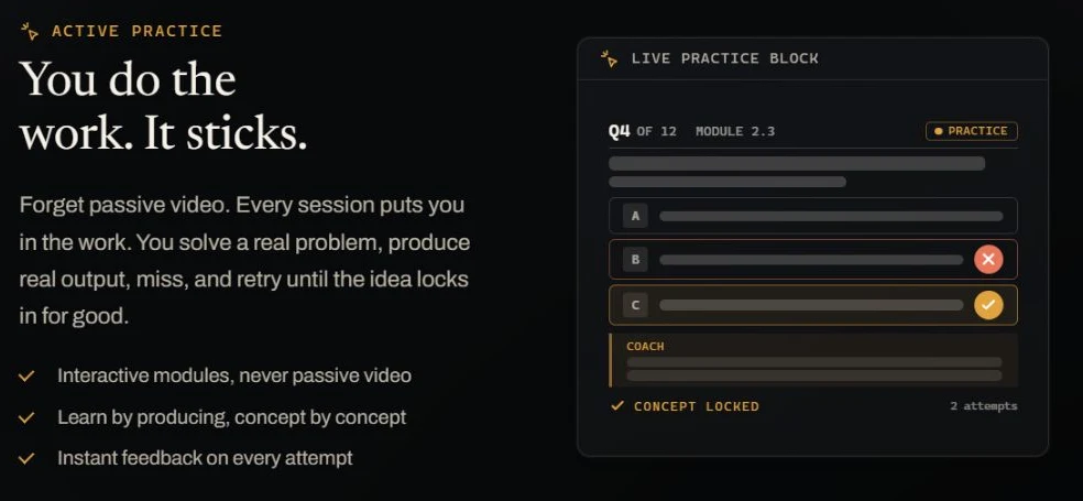 Virtu Prep's public illustration of active practice: a practice block beside an explanation of producing, retrying, and receiving feedback.